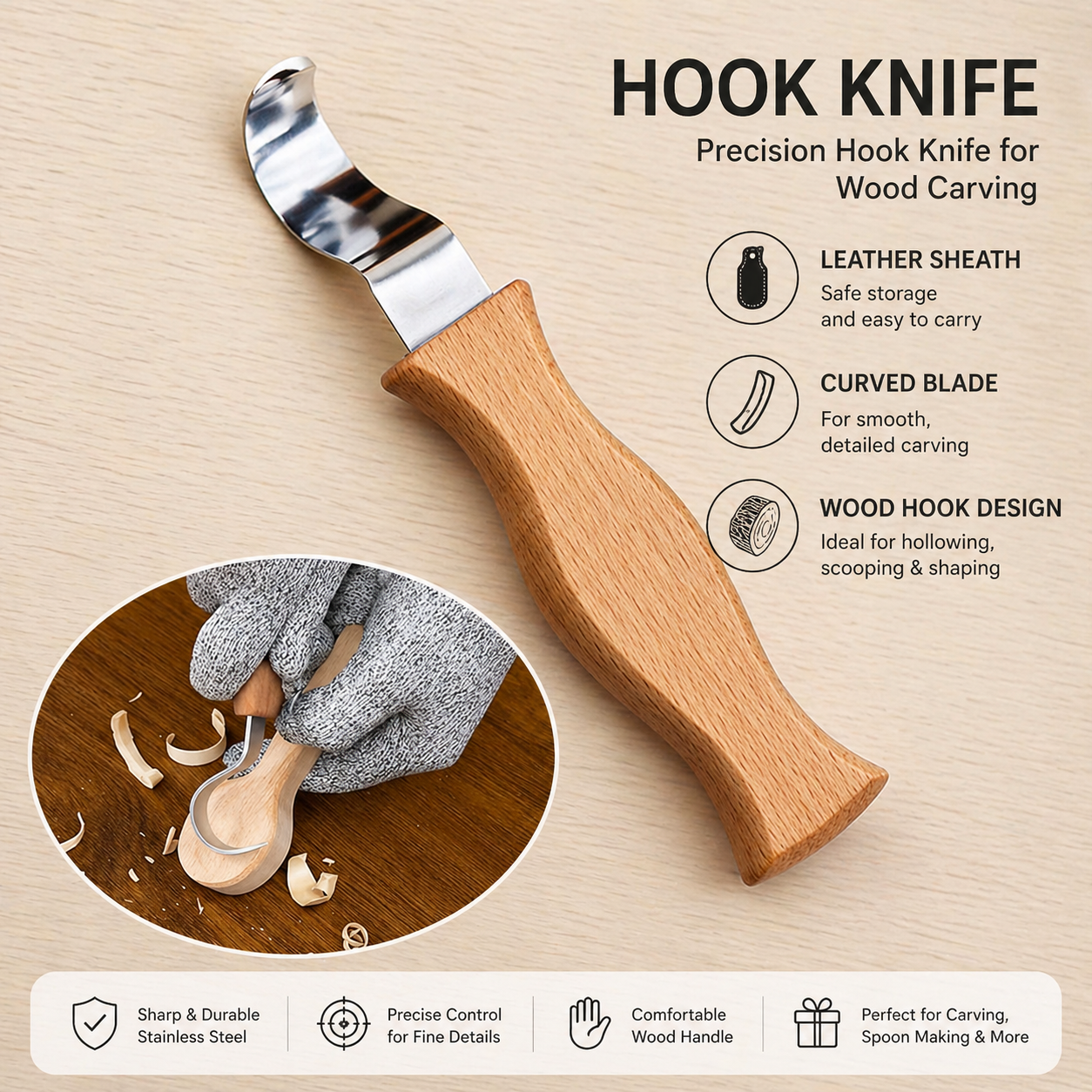 Hook Knife for Wood Carving - Ergonomic Beechwood Handle Spoon Carving Tool with Leather Sheath
