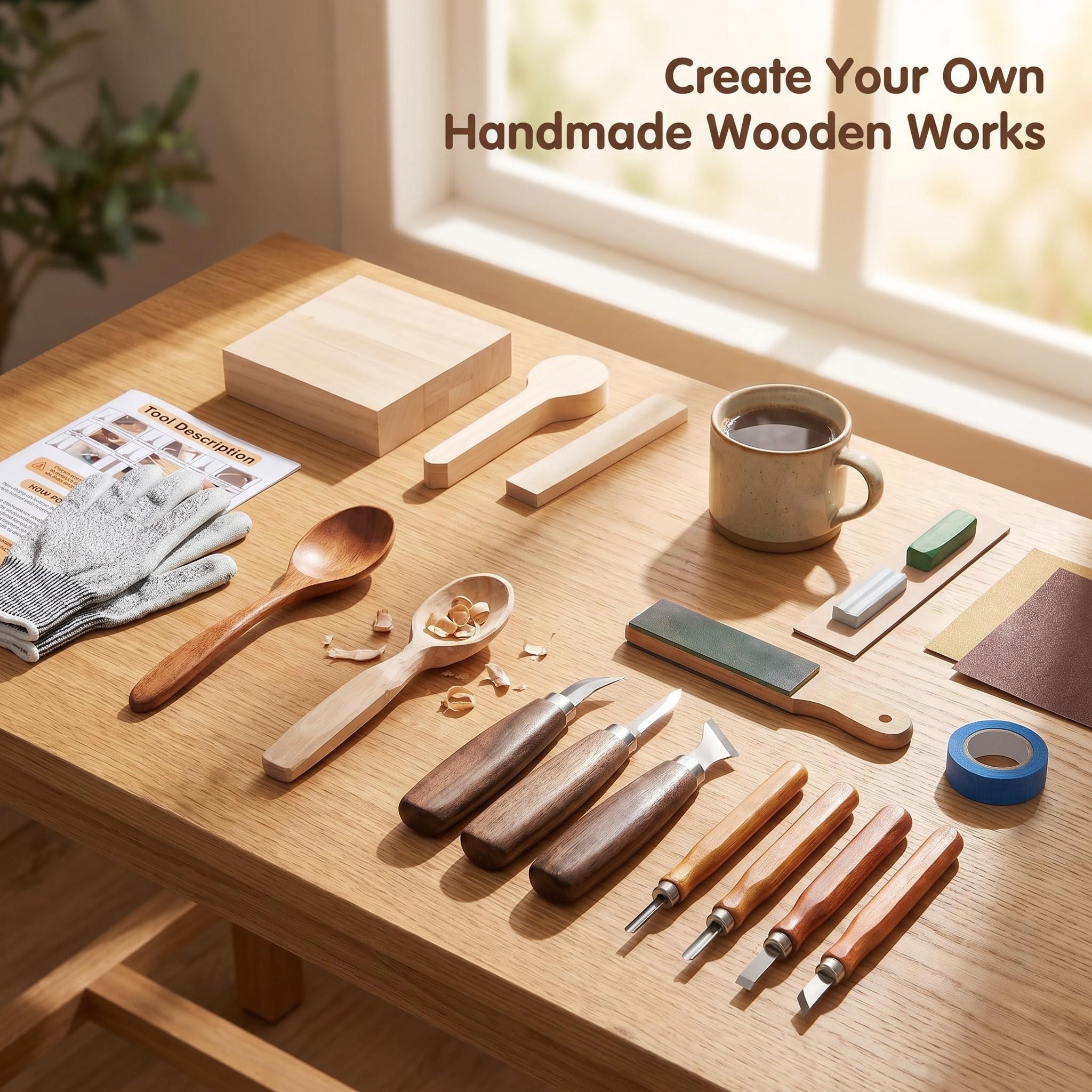  Wood Whittling Kit - Premium Wood Carving Tools Set with Basswood Blocks, Safety Gloves & Leather Roll Bag for Beginners