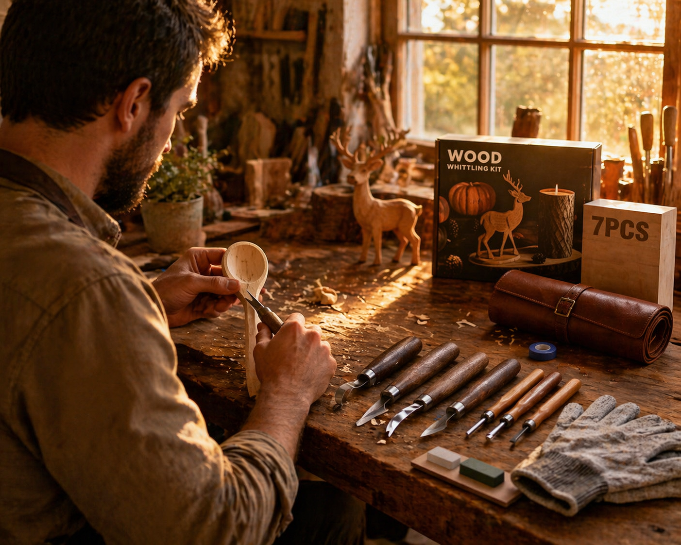  Wood Whittling Kit - Premium Wood Carving Tools Set with Basswood Blocks, Safety Gloves & Leather Roll Bag for Beginners