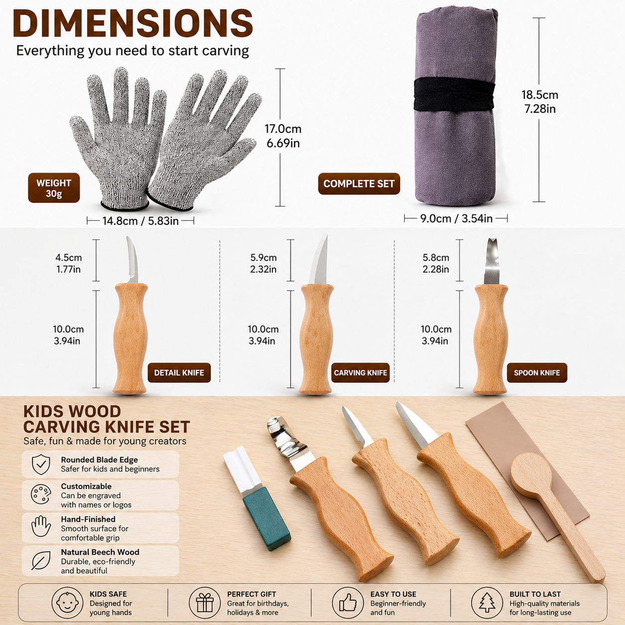 Kids Wood Carving Knife Set - Safe Beginner Whittling Tools with Ergonomic Beechwood Handles & Cut-Resistant Gloves