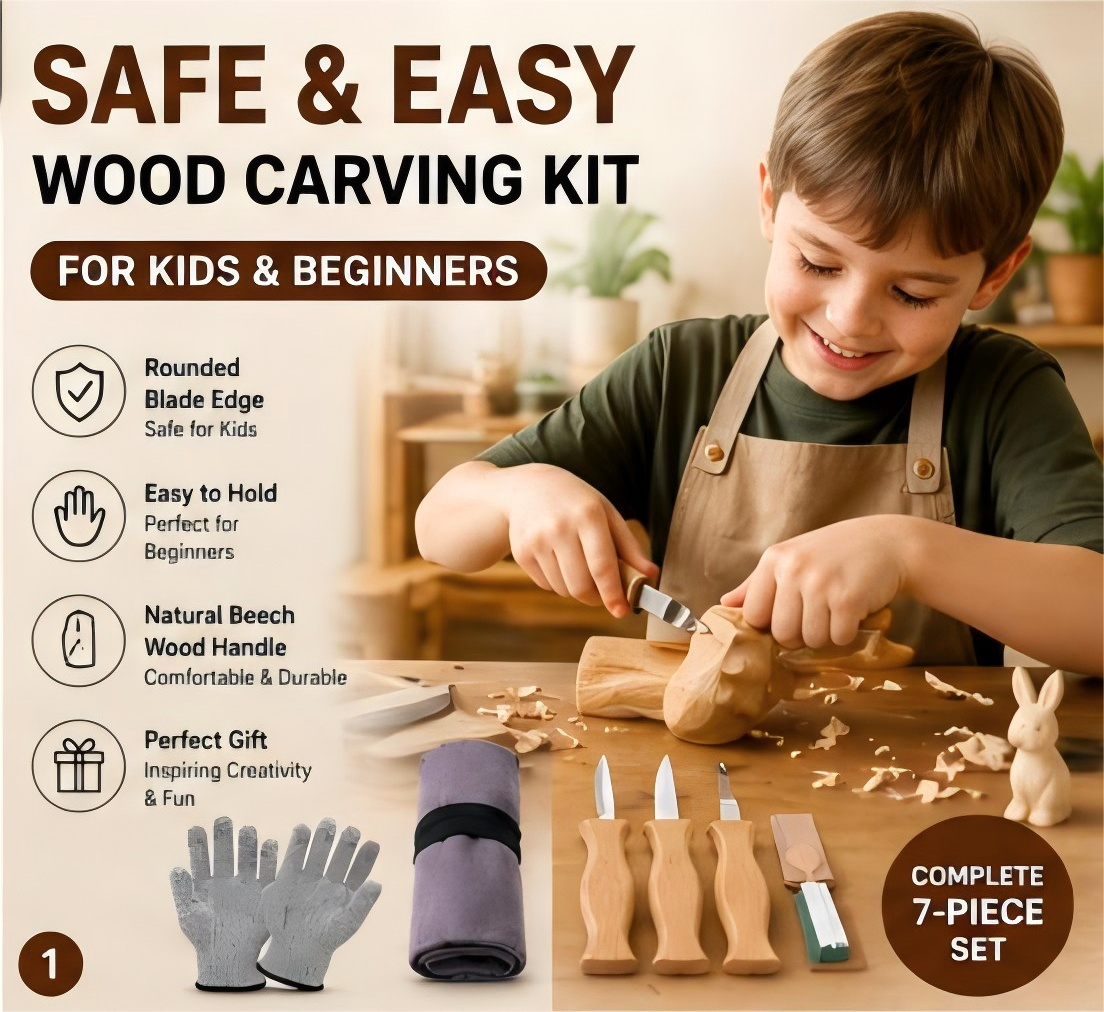 Kids Wood Carving Knife Set - Safe Beginner Whittling Tools with Ergonomic Beechwood Handles & Cut-Resistant Gloves