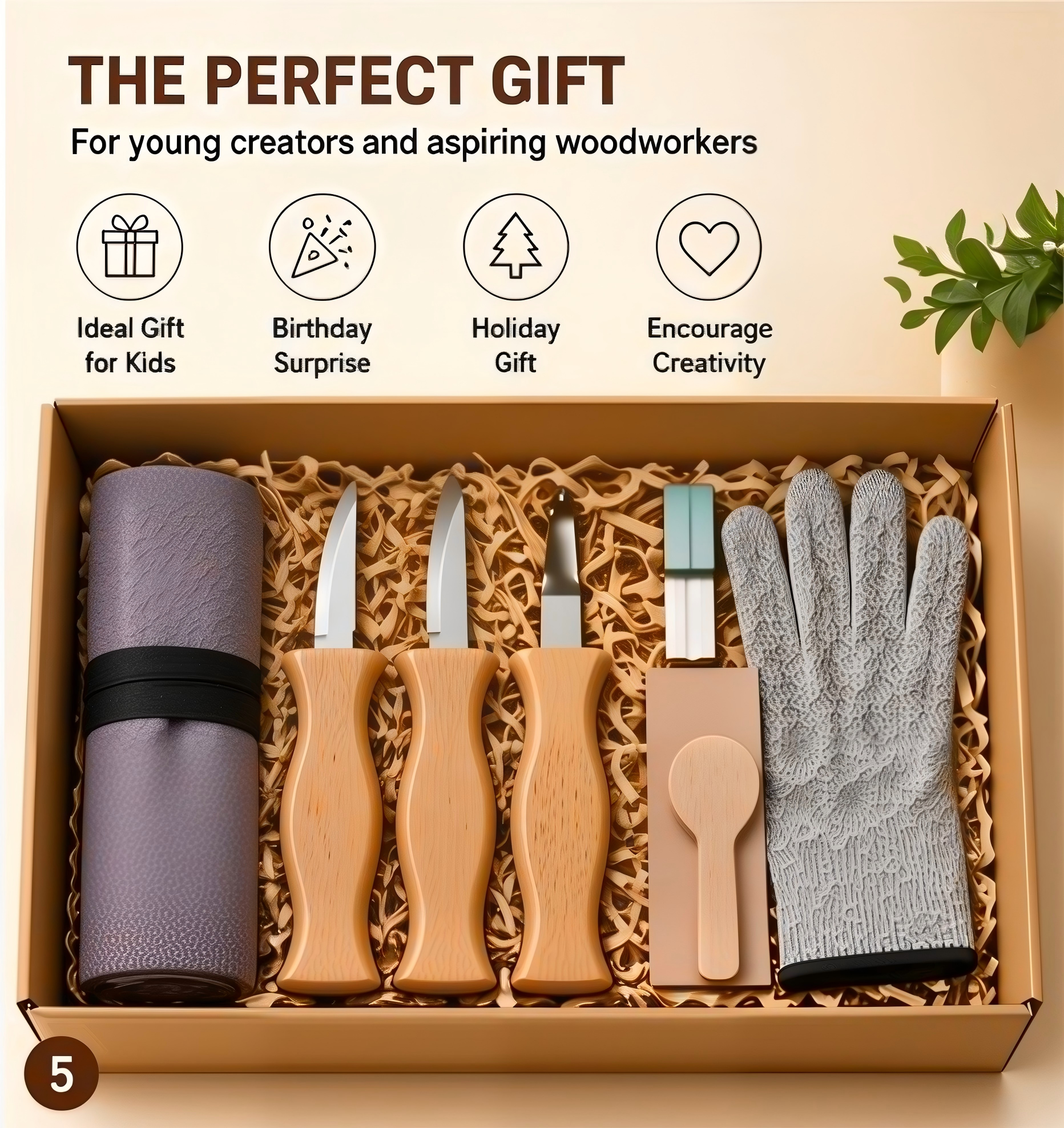 Kids Wood Carving Knife Set - Safe Beginner Whittling Tools with Ergonomic Beechwood Handles & Cut-Resistant Gloves