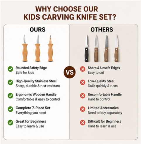 Kids Wood Carving Knife Set - Safe Beginner Whittling Tools with Ergonomic Beechwood Handles & Cut-Resistant Gloves