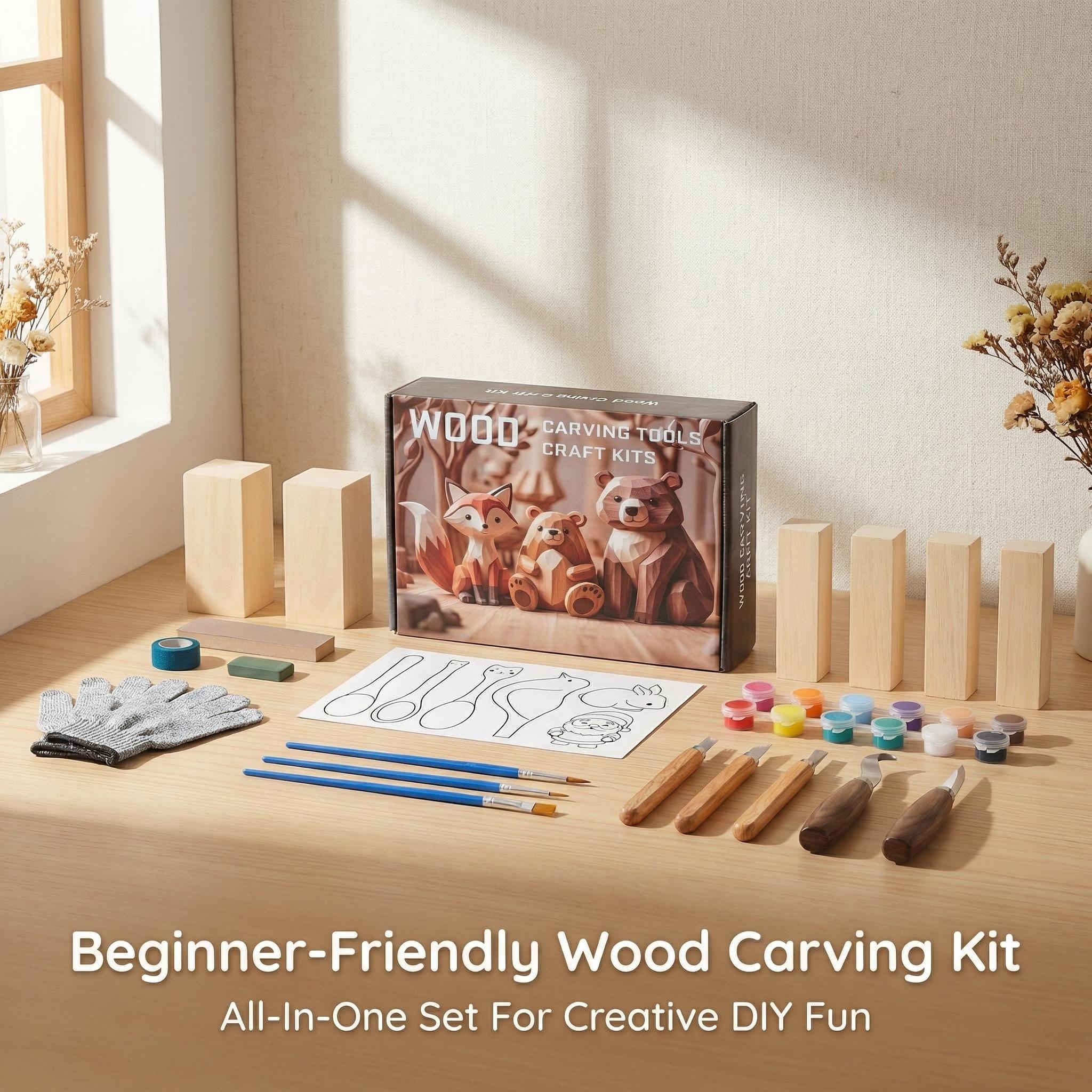 Wood Carving Kit for Beginners - All-in-One Whittling Set with Basswood Blocks, Tools & Painting Supplies for Kids & Adults