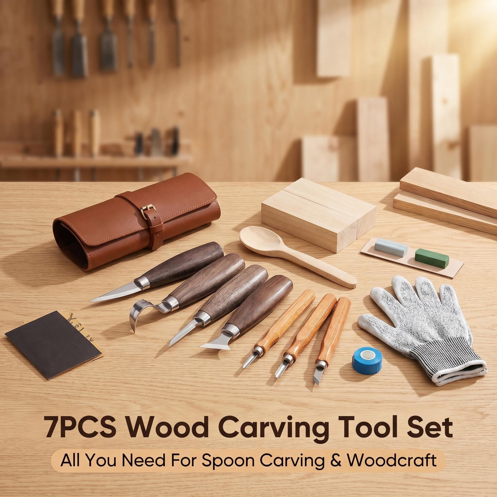  Wood Whittling Kit - Premium Wood Carving Tools Set with Basswood Blocks, Safety Gloves & Leather Roll Bag for Beginners