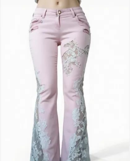 Lace Trim Flare Jeans(Pink)
