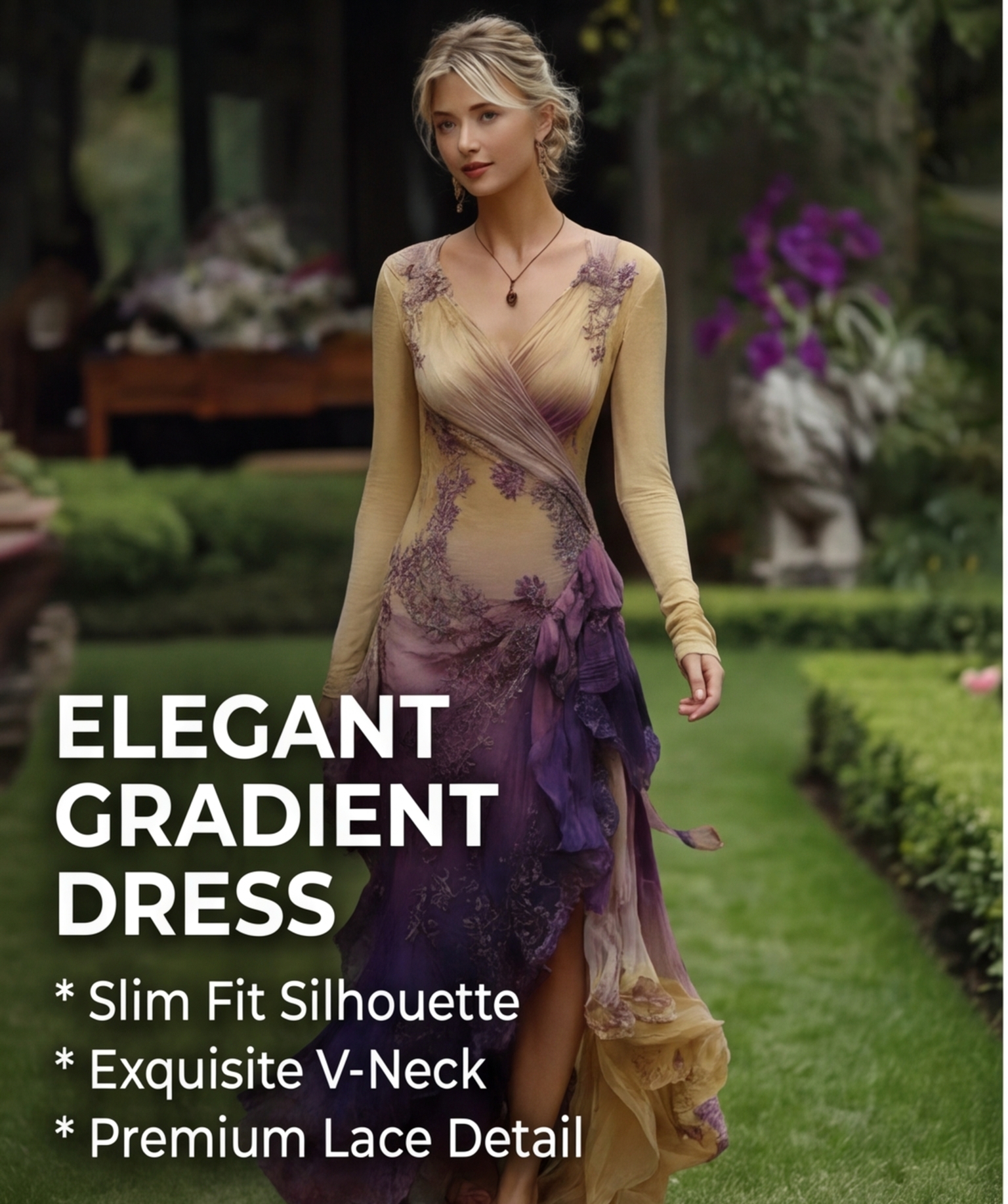 Women's Spring/Summer Gradient Long-Sleeve V-Neck Dress 4542