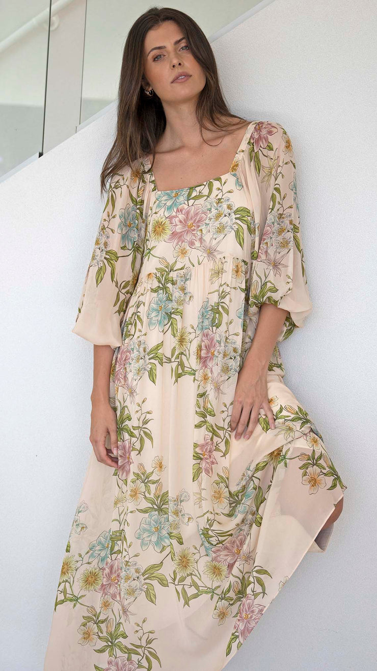 Momento Cream Floral Square Neck Maxi Dress