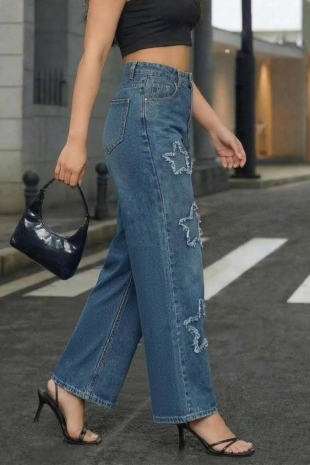 Ladies Star Cut-Out Raw Hem Distressed Jeans