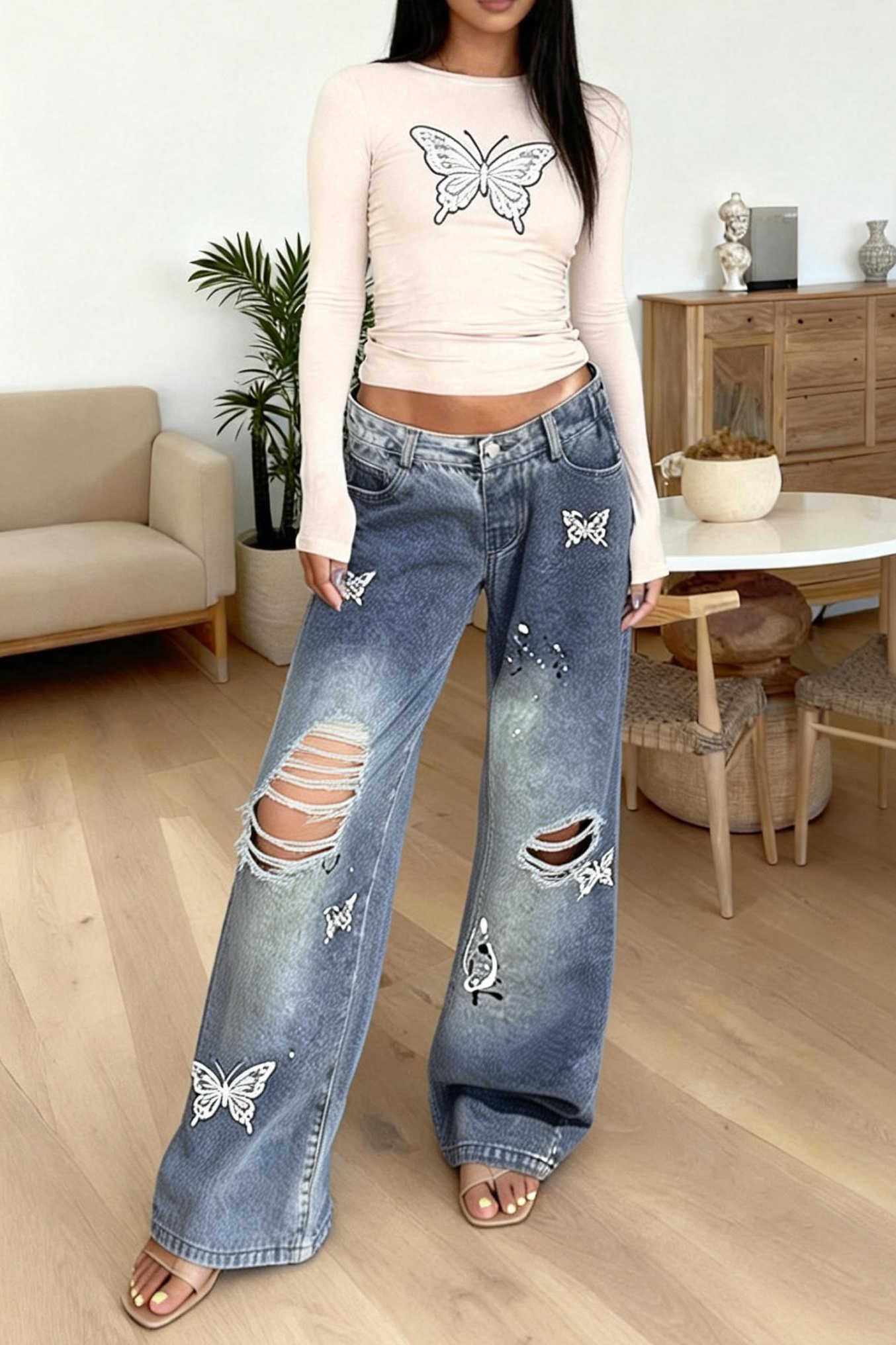 Women's Worn Wash Ripped Butterfly Print Jeans