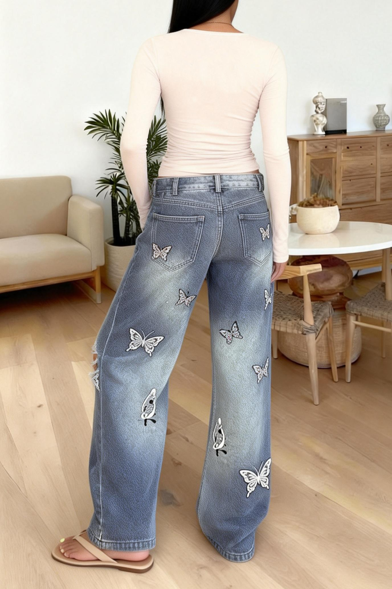 Women's Worn Wash Ripped Butterfly Print Jeans