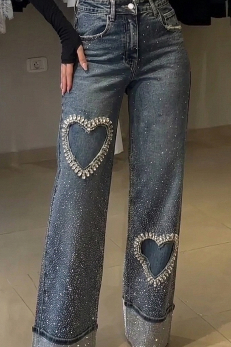 Women's Casual Heart Shaped Rhinestone Wide Leg Jeans