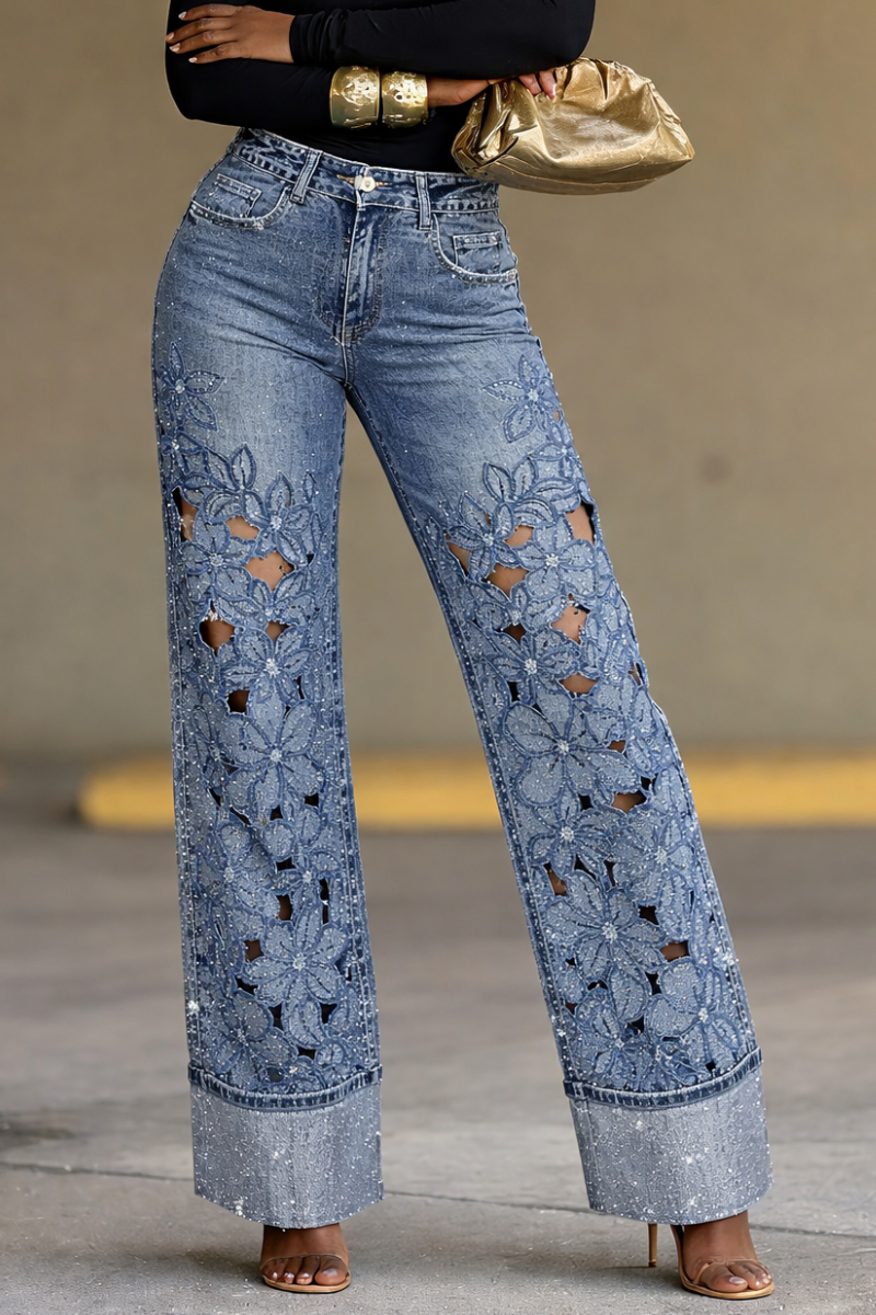 Women's Denim Jeans with Floral Cutouts, Cuffed Hems, and Rhinestone Embellishments