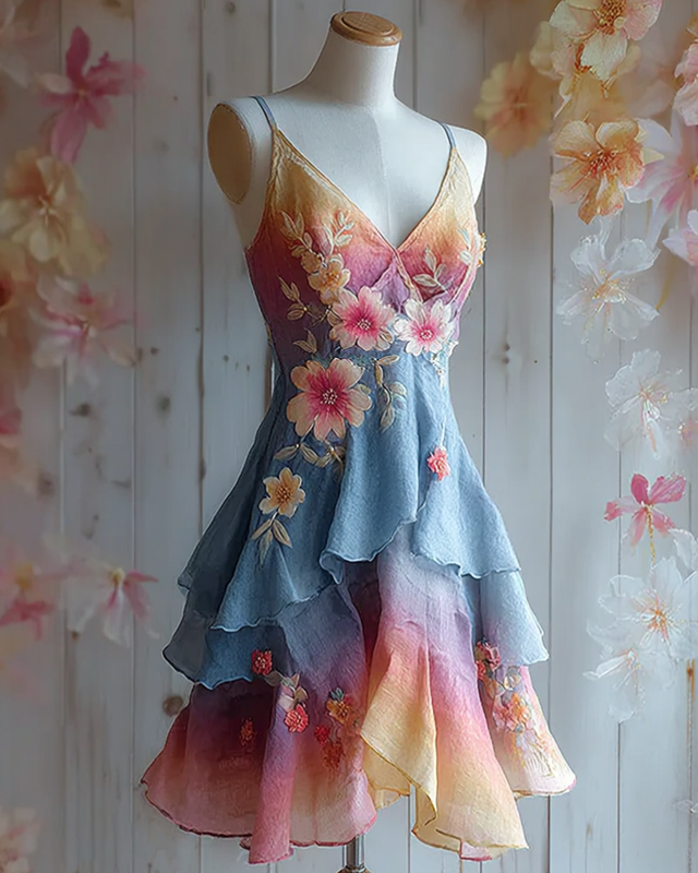 Women's Vintage Floral Embroidery Tie-Dye Gradient Linen Blend slip dress 7630