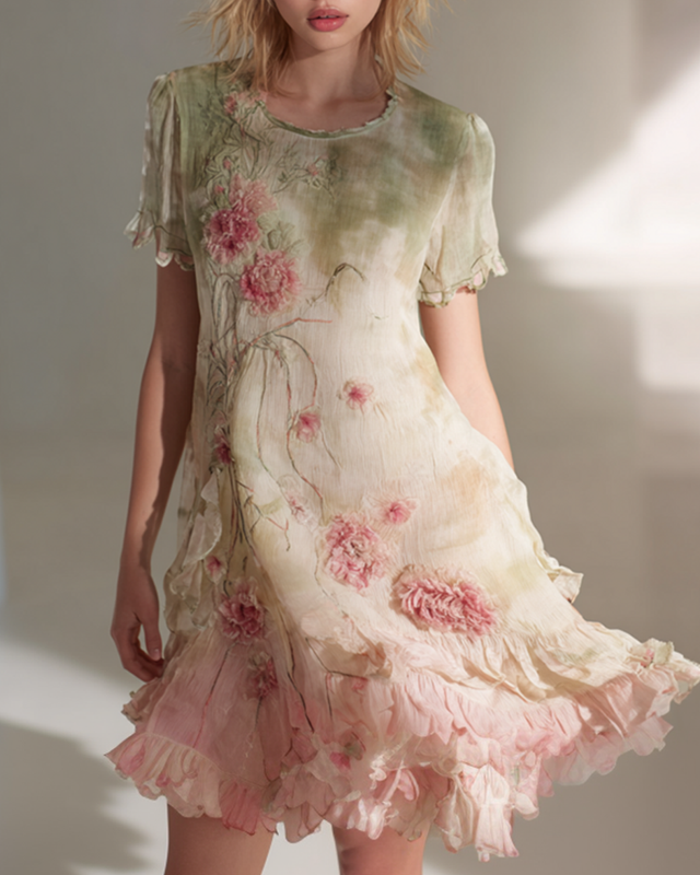 Women's Vintage Floral Embroidery Tie-Dye Gradient Linen Blend Dress 2008