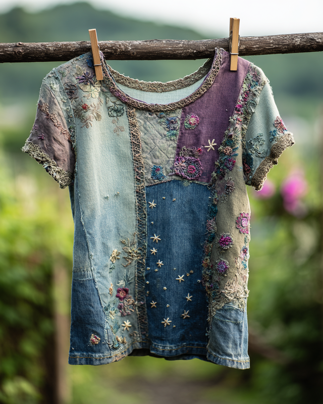 Spring/Summer Cotton Linen Denim Color Block Top5091