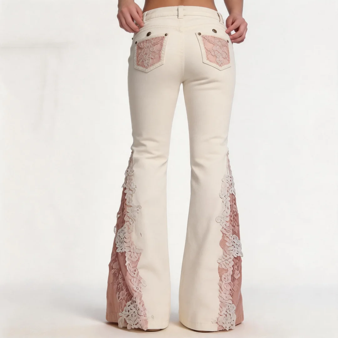 Lace Trim Flare Jeans(White)