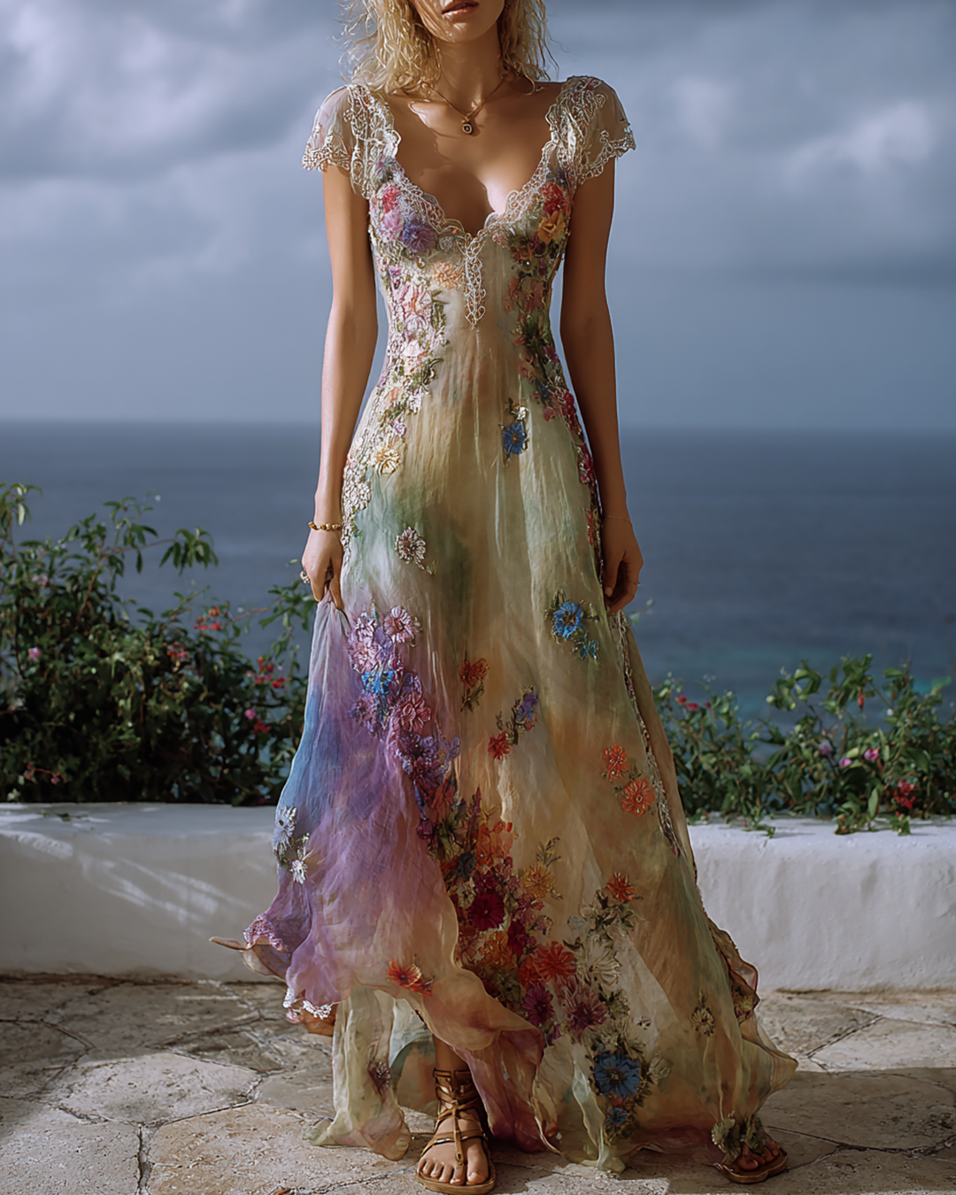 Women's Vacation Irregular Ruffle Flower Lace Mesh Dress 7132