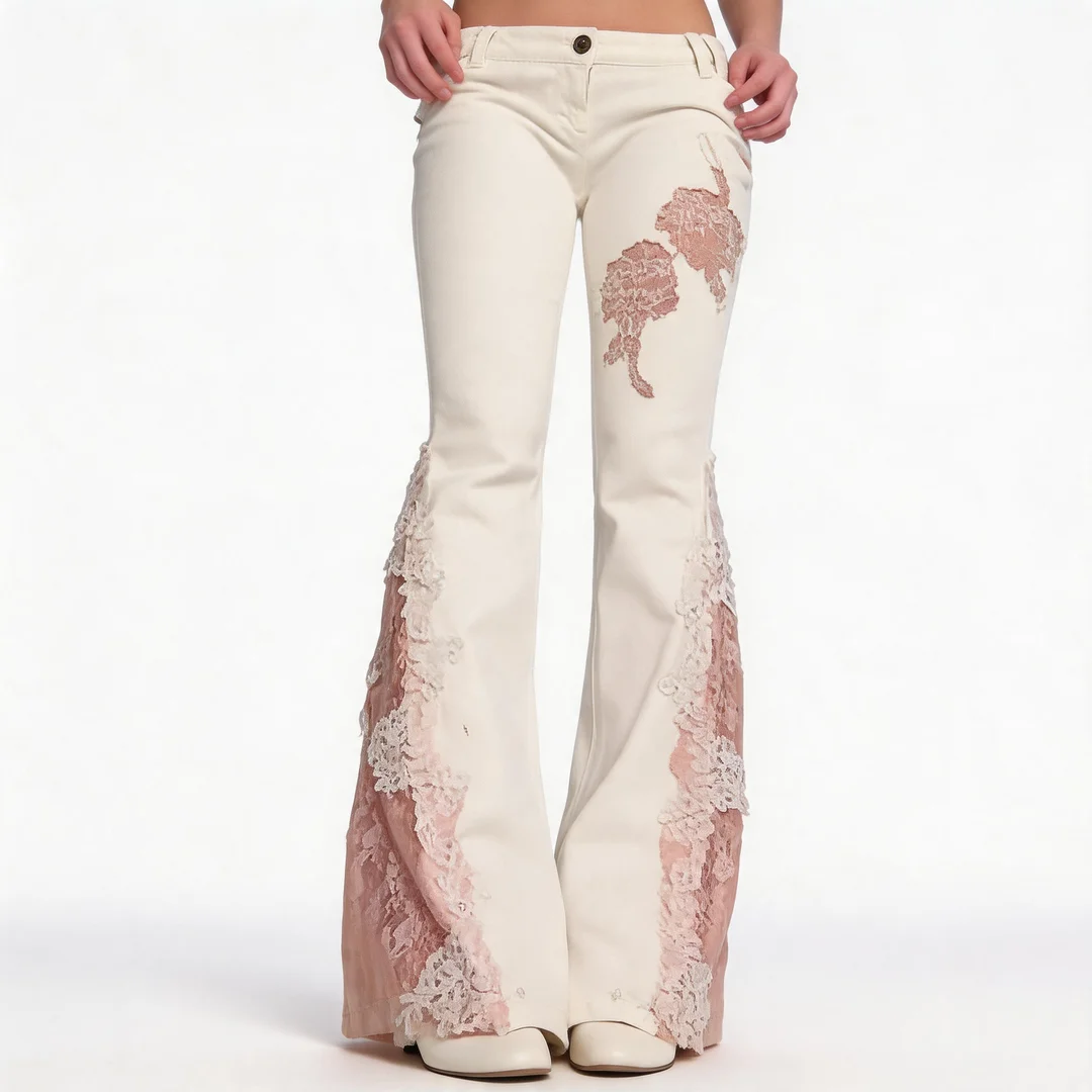 Lace Trim Flare Jeans(White)