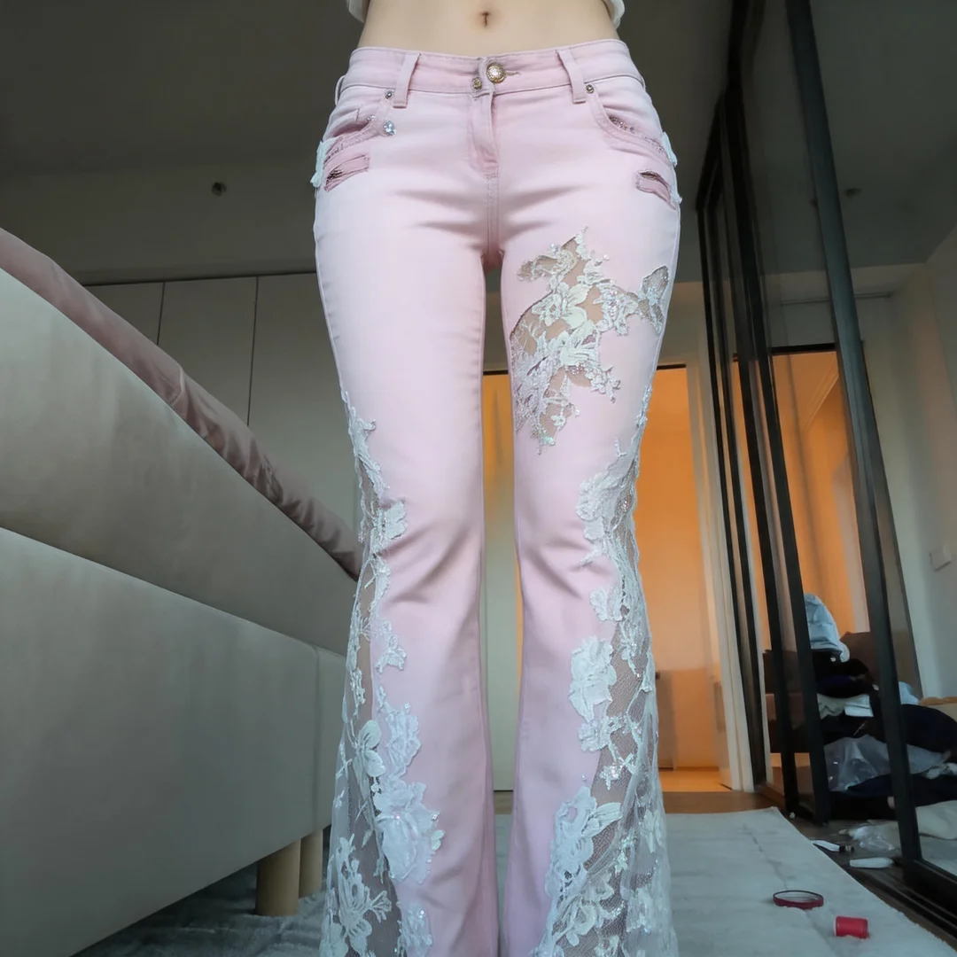 Lace Trim Flare Jeans(Pink)