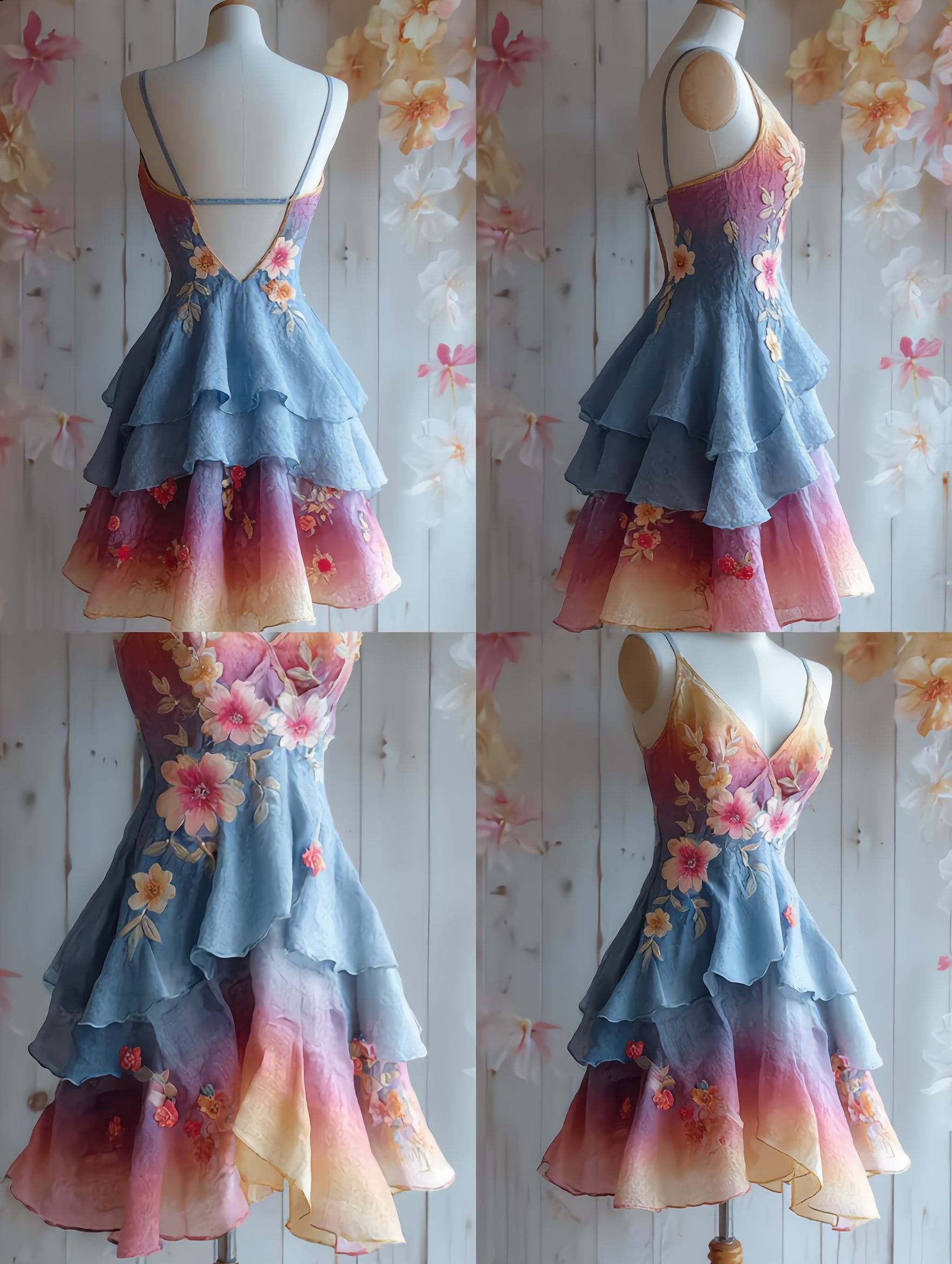 Women's Vintage Floral Embroidery Tie-Dye Gradient Linen Blend slip dress 7630
