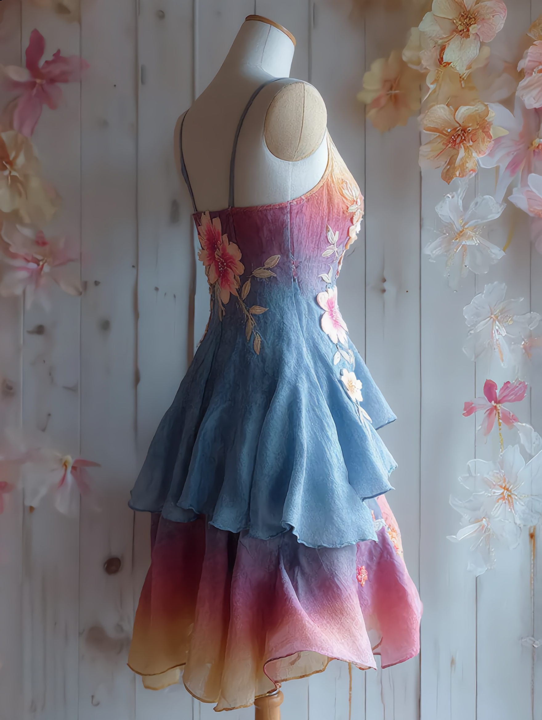 Women's Vintage Floral Embroidery Tie-Dye Gradient Linen Blend slip dress 7630