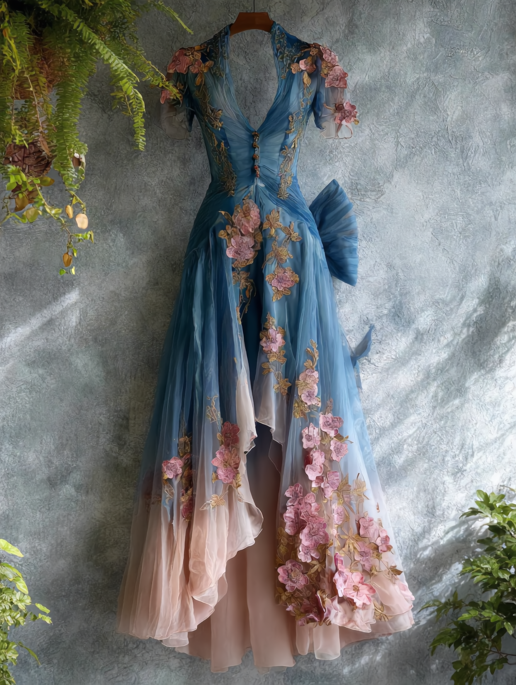 Women's Elegant Gradient Flowers Embroidery Irregular Ruffle Mesh Dress 3838