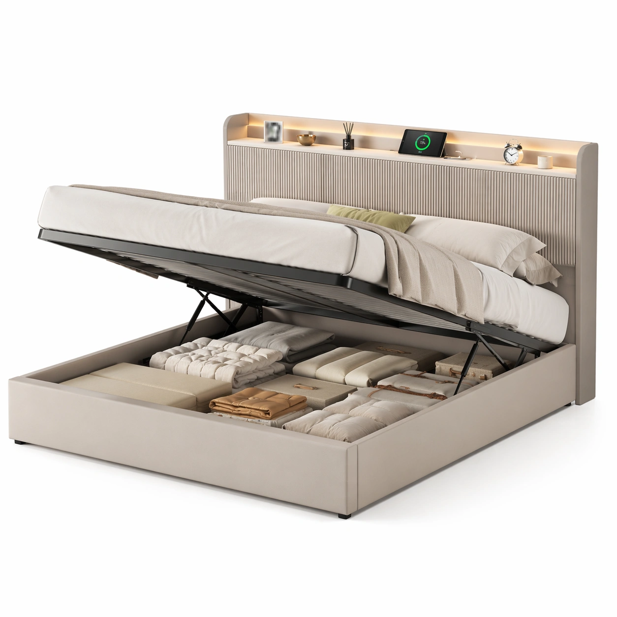 Bett mit LED Kopfteil und Stauraum Beige