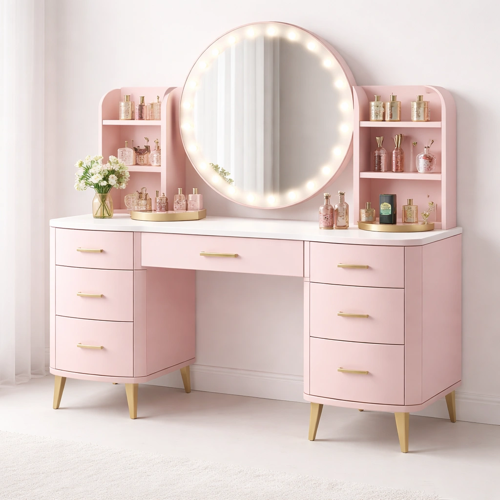 Schminktisch Gross mit Rundspiegel und Schubladen Rosa