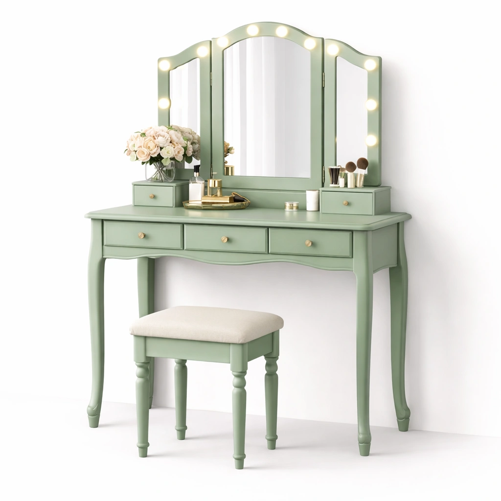 Schminktisch Klassisch mit Spiegel und Hocker Gruen