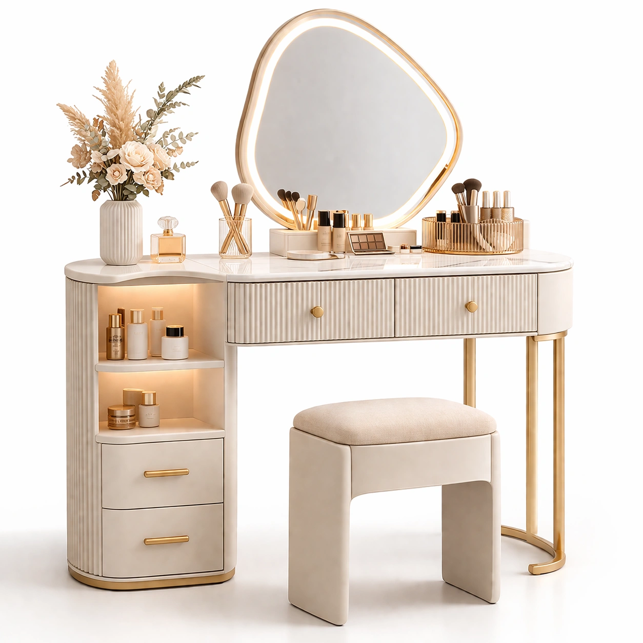 Schminktisch Modern mit Spiegel und Hocker Beige