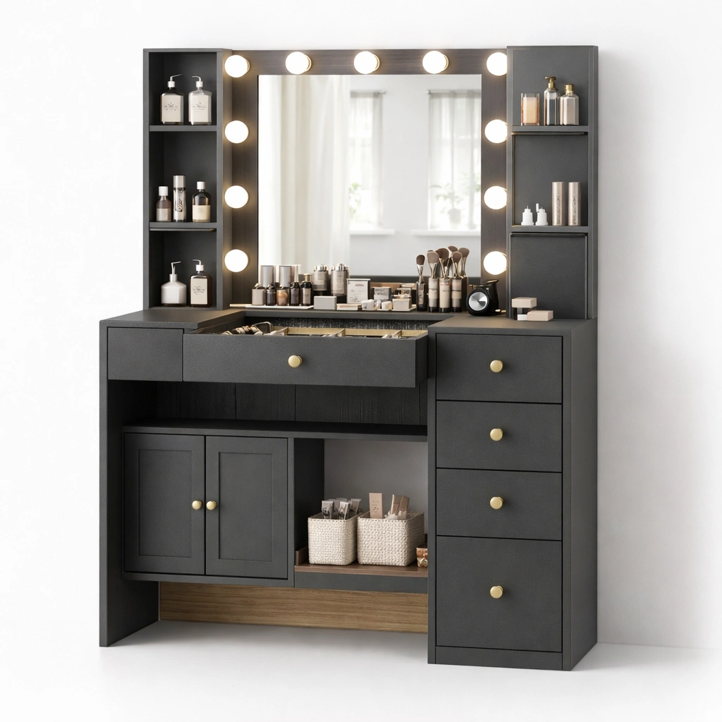 Schminktisch mit Spiegel und Beleuchtung Modern Schwarz