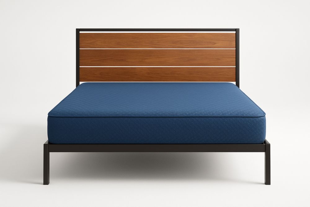 Cama de casal com estrutura em aço e madeira maciça, com cabeceira  Azul 200x160(C×L)cm