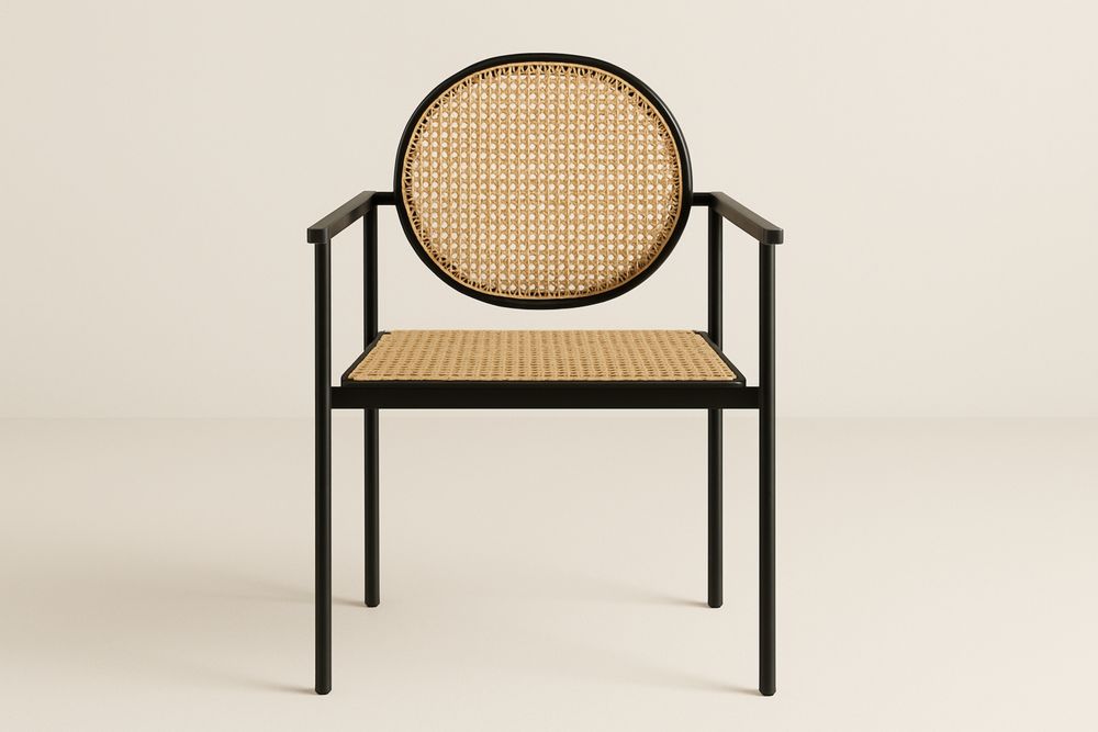 Cadeira de jantar Braço Aço e Rattan Trançado Preto e Natural