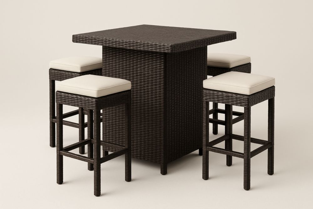 Conjunto de Mesa Quadrada em Vime com 4 Banquetas e Almofadas Creme