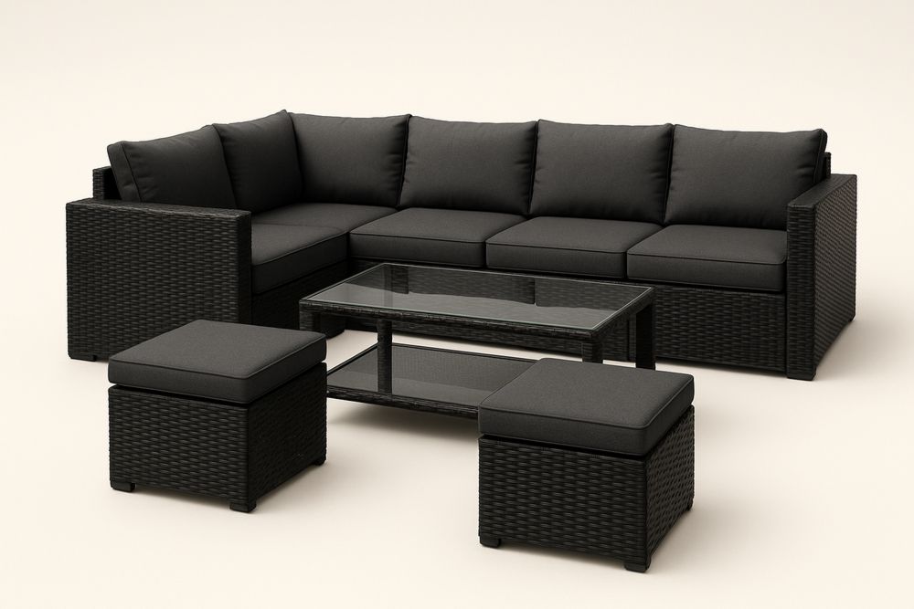 Conjunto de Sofá de Canto em Rattan Sintético Preto com Mesa de Vidro Temperado