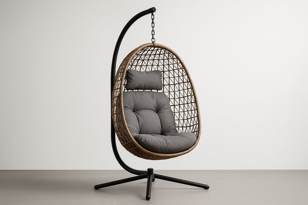 Cadeira Suspensa de Vime Sintético com Almofada de Poliéster Cinza e Estrutura de Aço