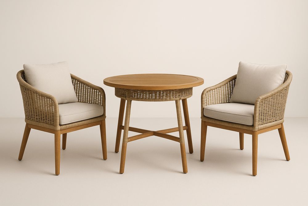 Conjunto de Mesa Redonda e 2 Cadeiras em Madeira de acácia e Corda Sintética