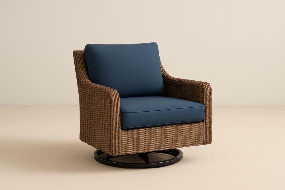 Poltrona giratória em vime sintético marrom com almofada de poliéster azul