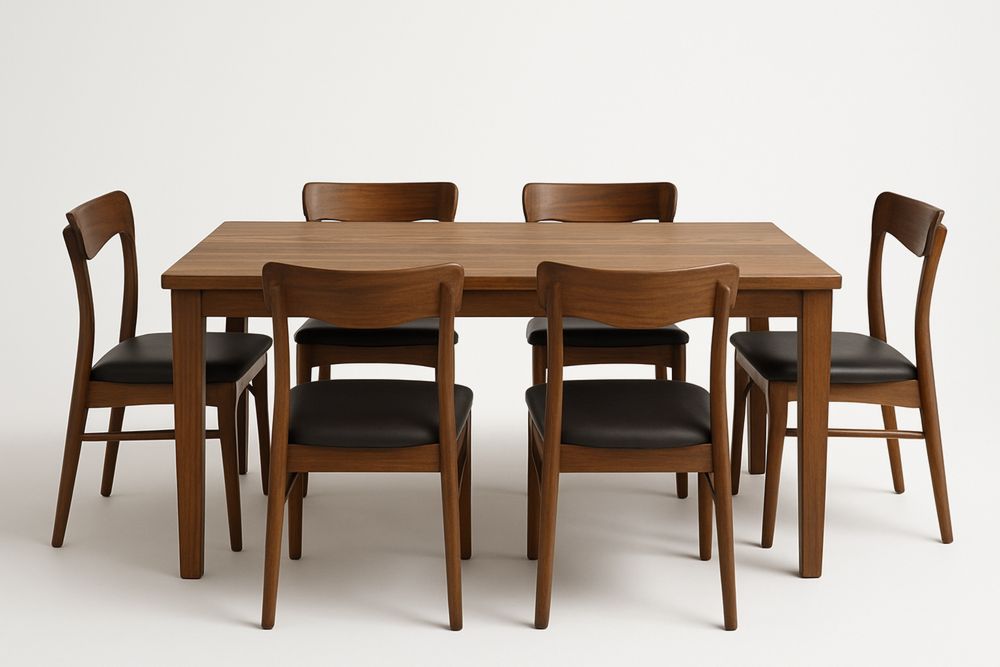 Conjunto de Mesa de Jantar Retangular com 6 Cadeiras de Madeira e Couro Sintético Preto