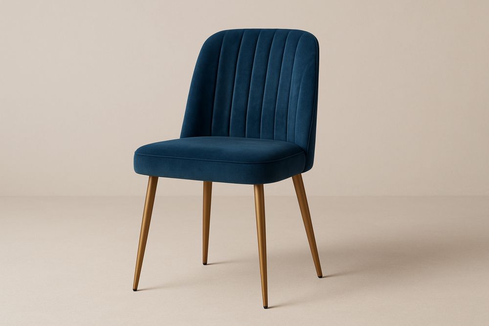 Cadeira de Veludo Azul com Pernas de Aço 81cm