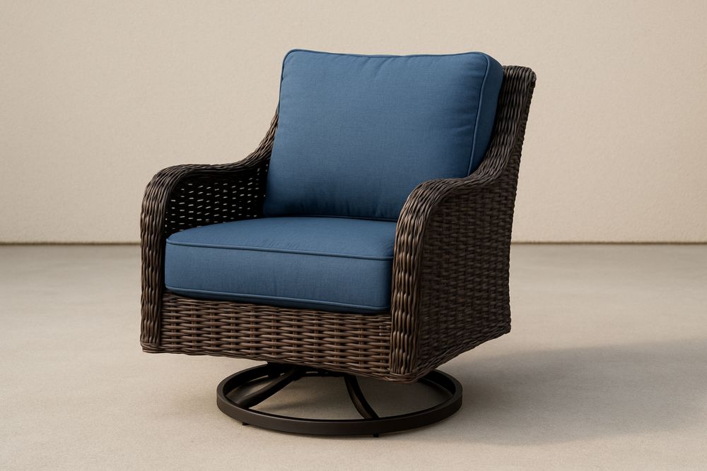 Poltrona Giratória em Rattan Sintético com Almofadas Azuis