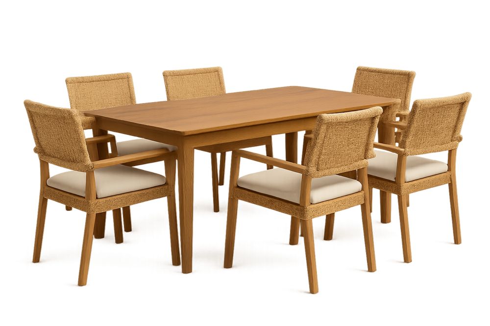 Conjunto de Jantar em Madeira maciça com 6 Cadeiras de Tecido poliéster