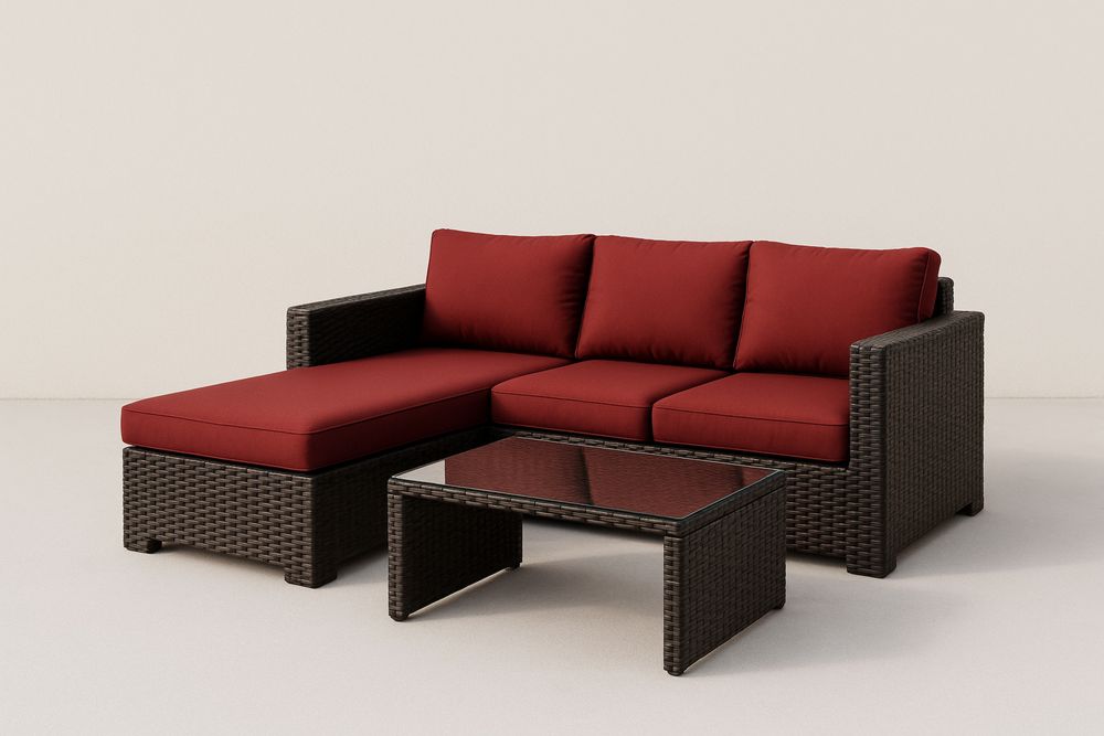 Conjunto de Sofá Seccional em Rattan com Almofadas Vermelhas e Mesa de Vidro Temperado