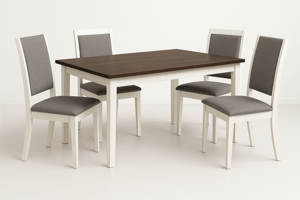Conjunto de jantar com mesa retangular de madeira maciça e 4 cadeiras estofadas em tecido de poliéster Branco, Marrom e Cinza