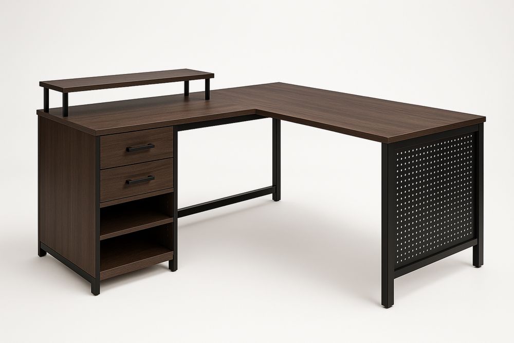 Mesa de Escritório em L Madeira Castanha com Gavetas 150x120x75(C×L×A)cm