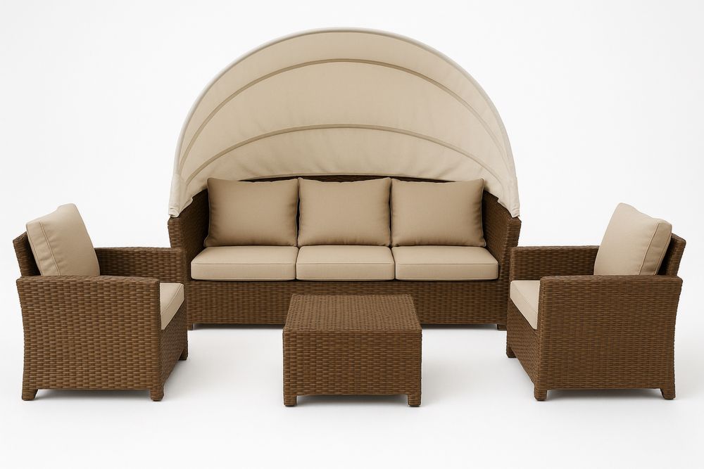 Conjunto de Sofás em Rattan Sintético Marrom com Almofadas Bege e Teto Retrátil