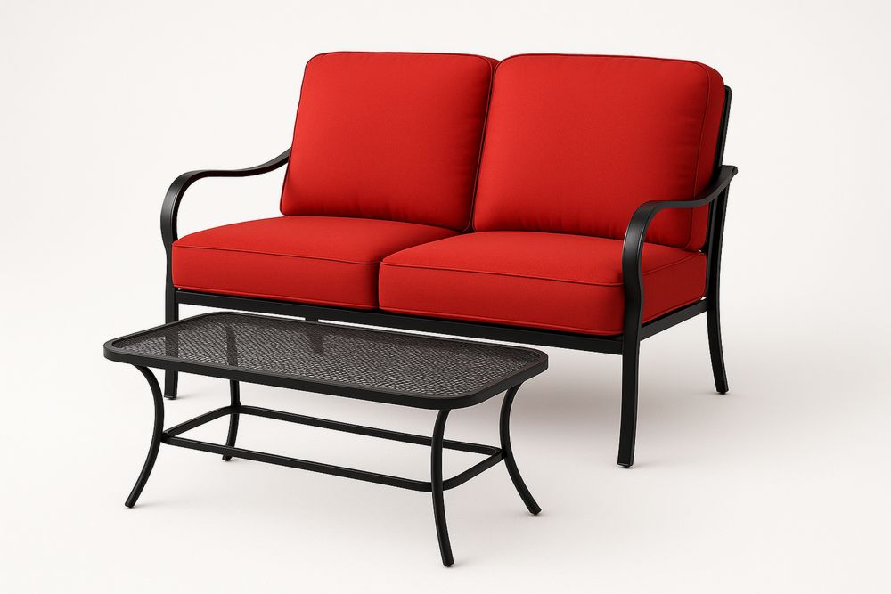 Conjunto de cadeiras de Jardim em Aço com Almofadas Vermelhas e Mesa de Vidro Temperado