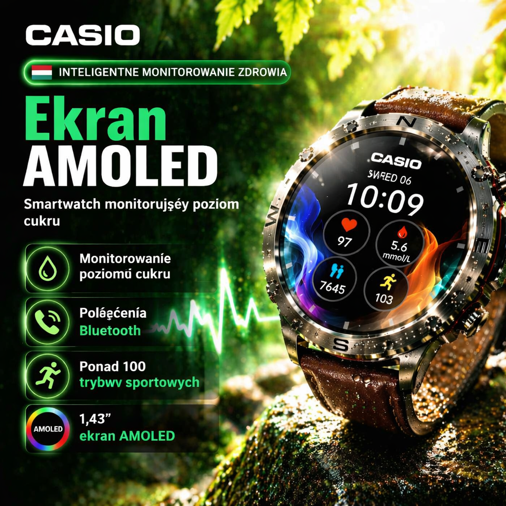 Smartwatch CASIO Style AMOLED – monitorowanie poziomu cukru we krwi, połączenia Bluetooth, ponad 100 trybów sportowych