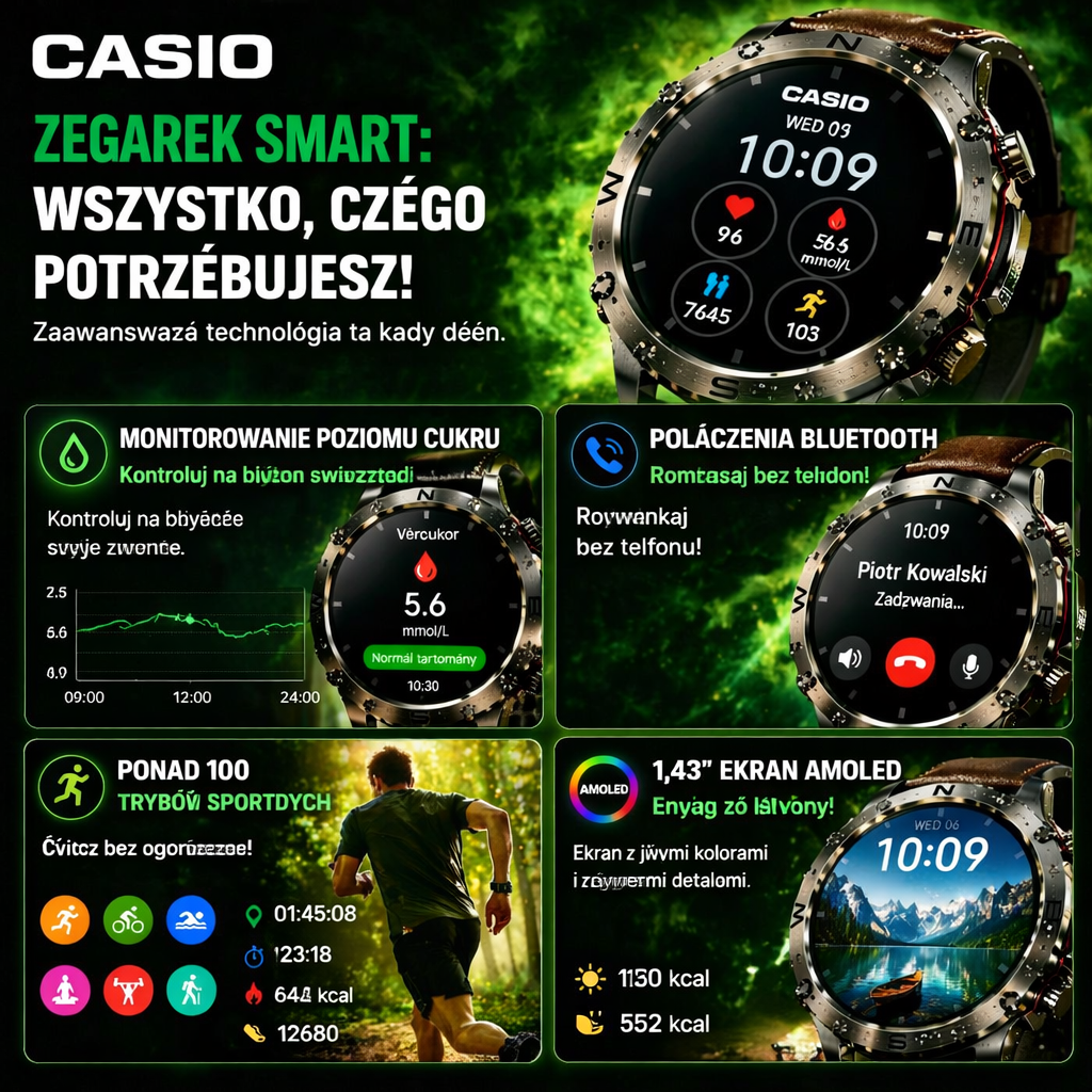 Smartwatch CASIO Style AMOLED – monitorowanie poziomu cukru we krwi, połączenia Bluetooth, ponad 100 trybów sportowych